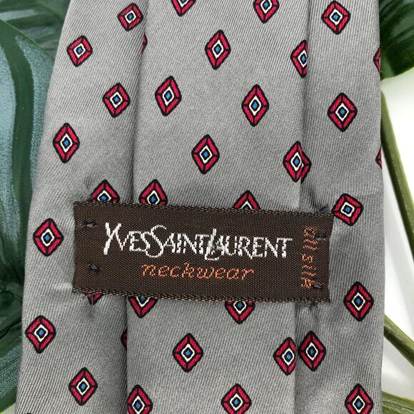 Vintage Yves Saint Laurent Neckwear Red Gray Diamond Geometric Silk Neck Tie - Picture 2 of 5
